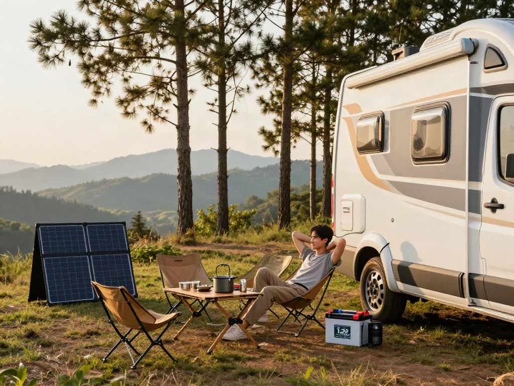 Person connecting a 12V lithium battery to an RV at a scenic campsite, showcasing outdoor adventure.