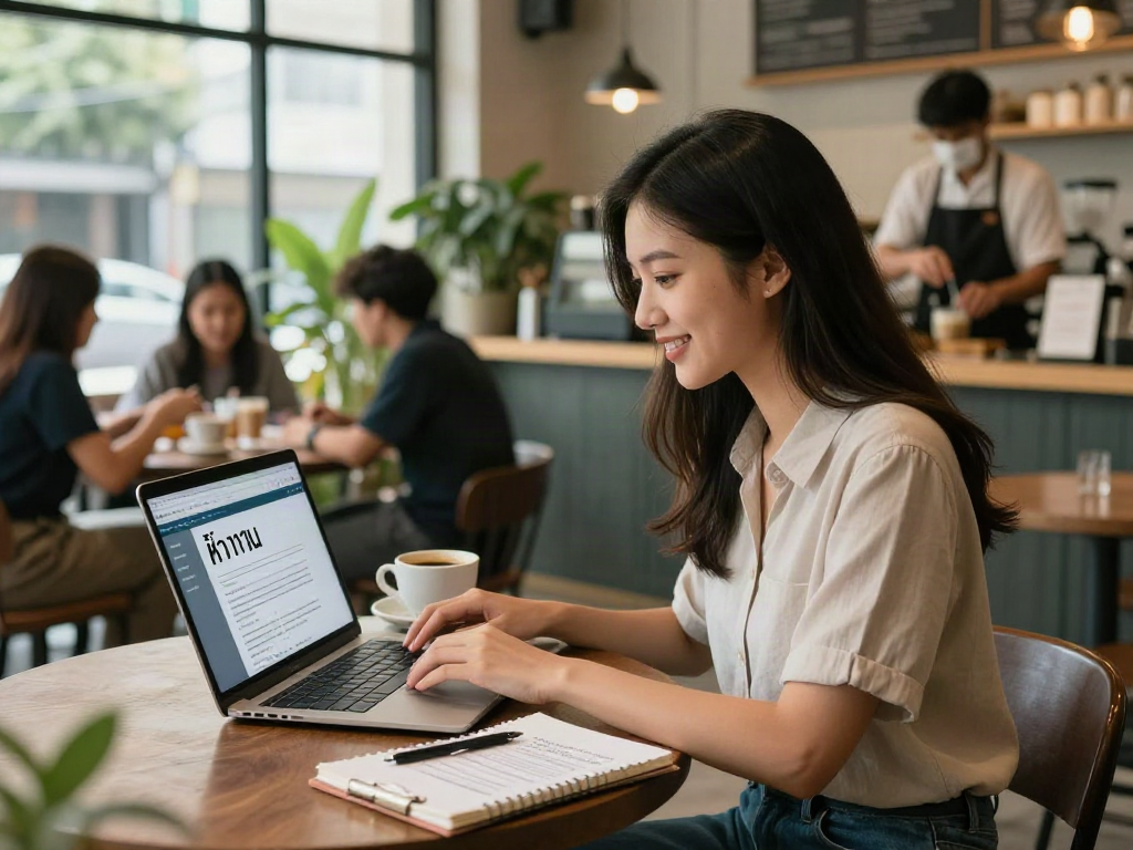 Job seeker using a laptop to หางาน at an urban café, with coffee and notes visible.