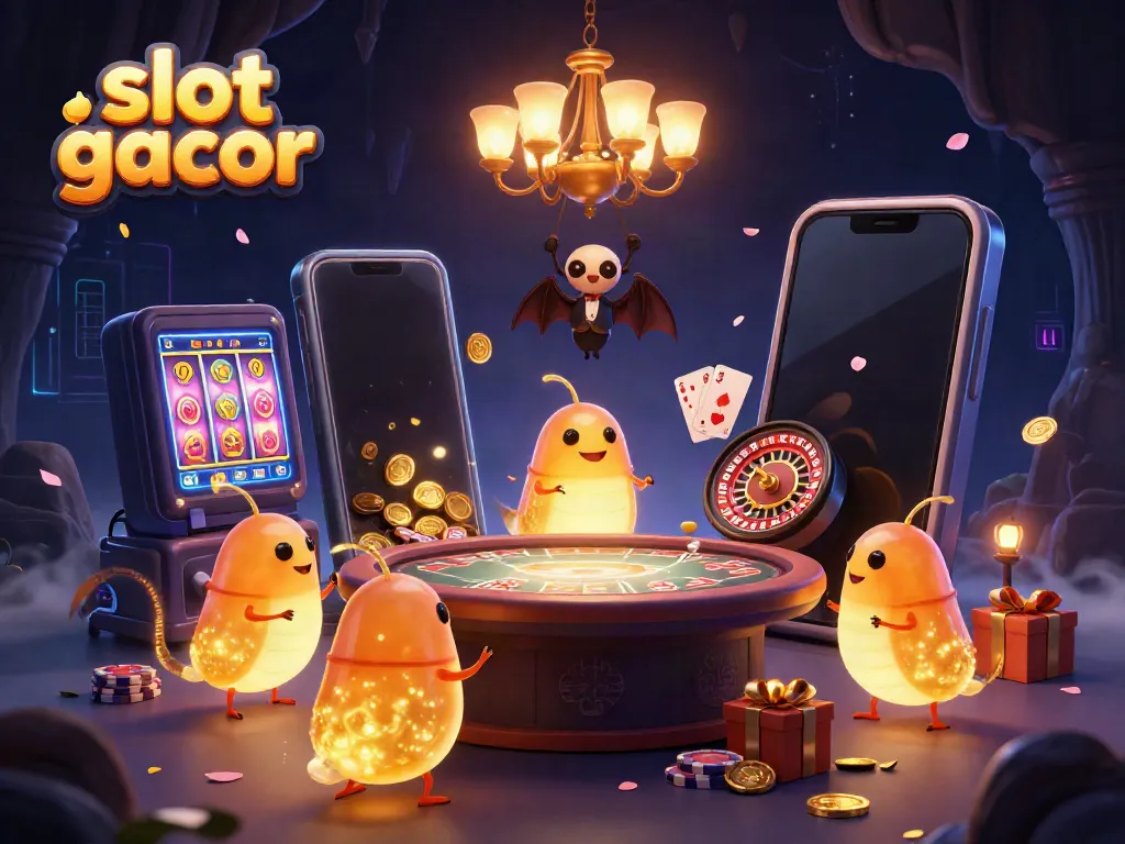Slot gacor menghadirkan suasana kasino yang cerah dengan karakter lucu dan elemen menarik di sekitarnya.