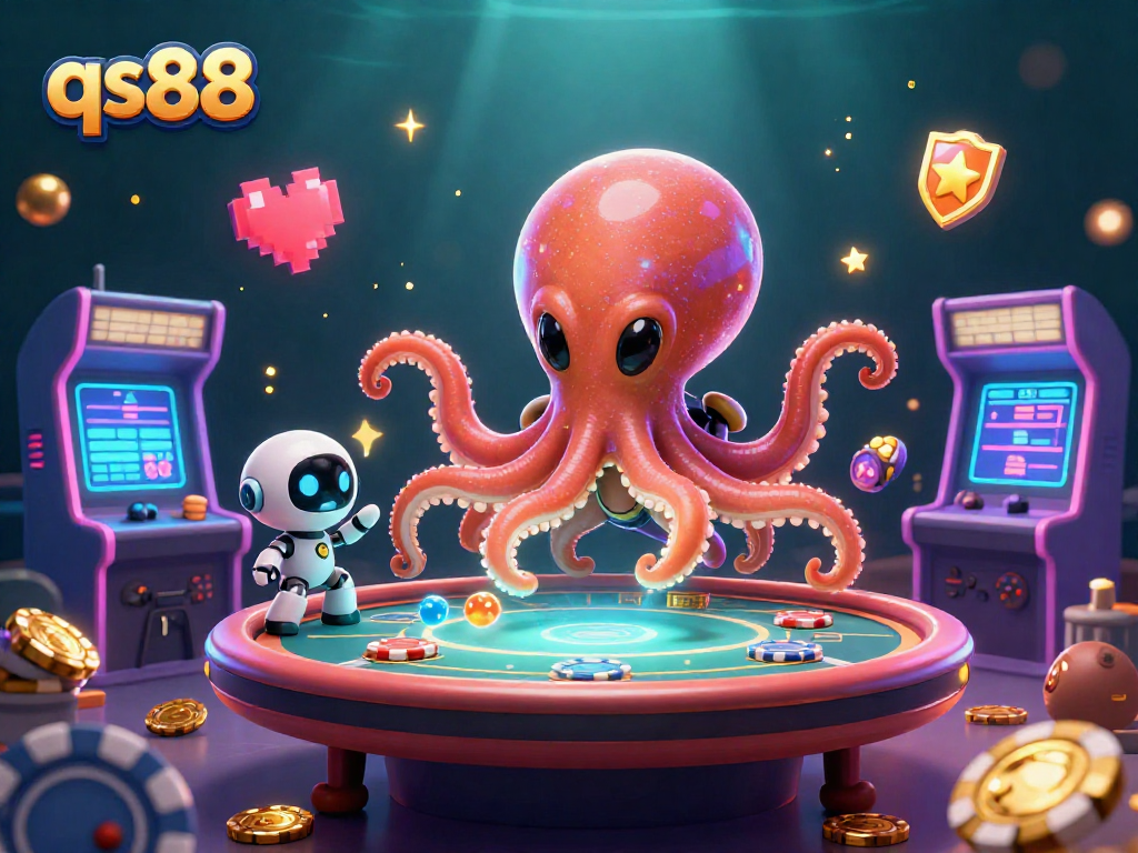 Experience vibrant gaming adventures at qs88 with alien octopus and robot at a holographic table.
