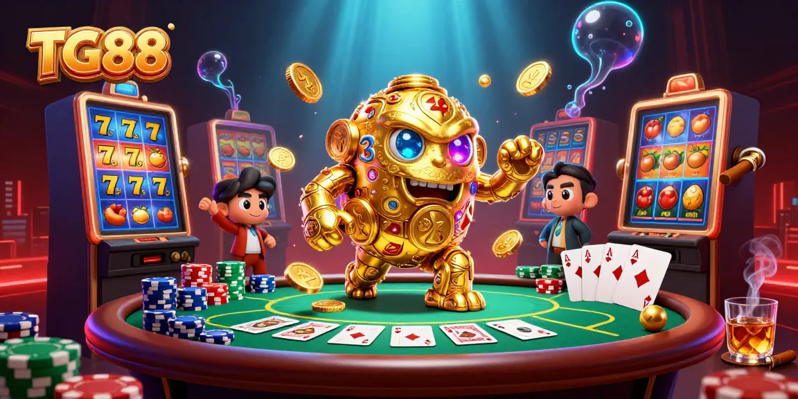 Experience the excitement of TG88 with a vibrant casino scene featuring golden golem and poker elements.