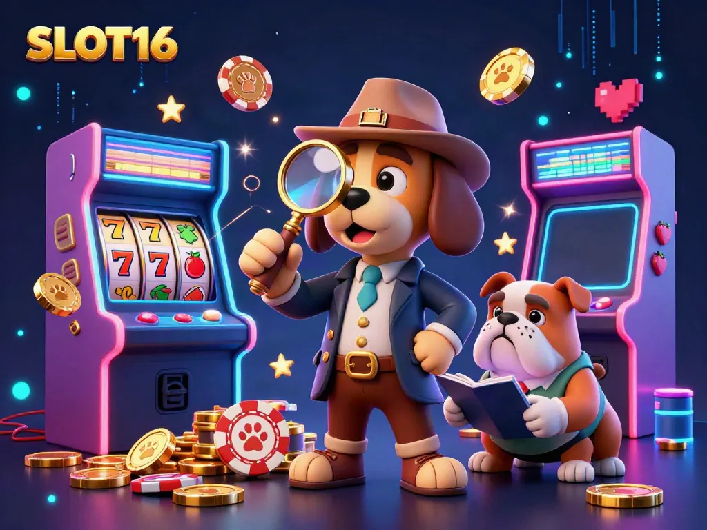 SLOT16 detective character searching for clues in a vibrant casino atmosphere with slot reels.