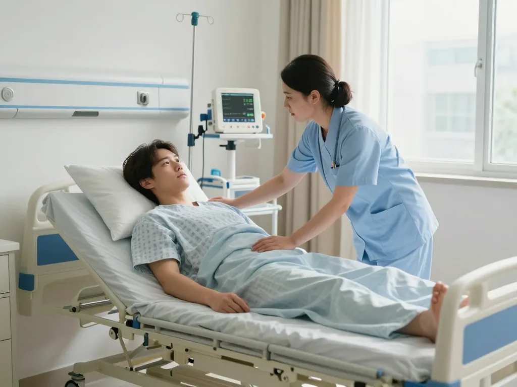 Patient bed in a hospital room showing giường bệnh nhân used by a nurse for patient comfort and recovery.
