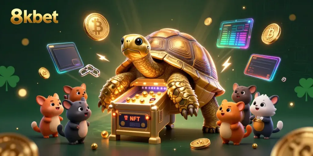 Experience the excitement of 8kbet with a lively 3D scene featuring a golden tortoise pinball machine surrounded by crypto elements.