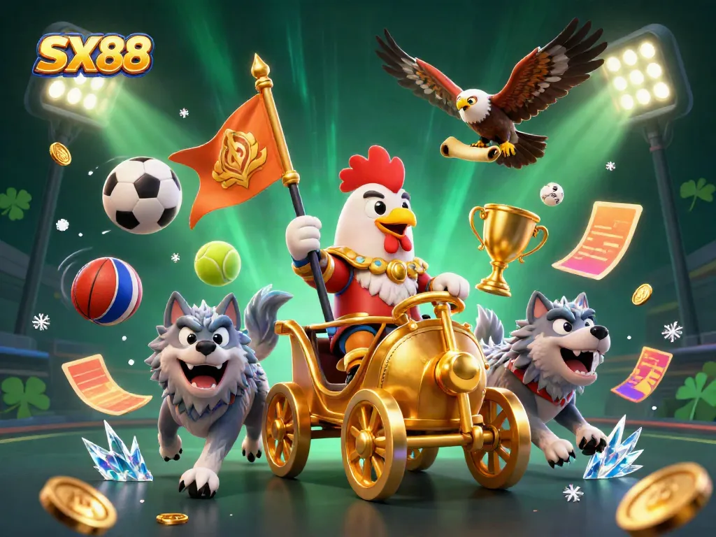 Bet on sports at SX88 with a vibrant illustration of a rooster warlord leading a dynamic gaming experience
