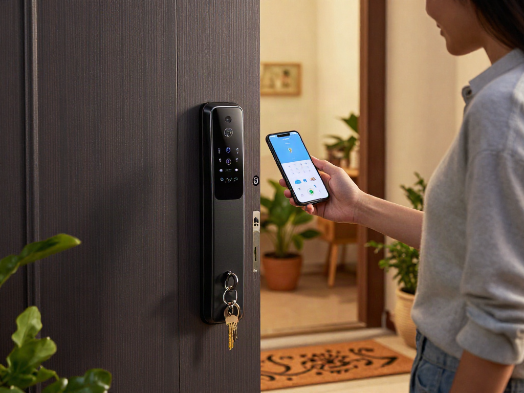 حضور خرید قفل هوشمند at a modern home entrance, showcasing sleek design and user-friendly features to enhance security