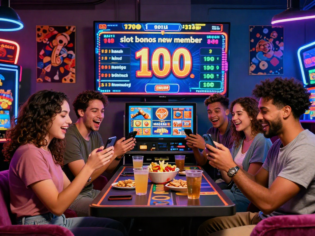 Online friends celebrating with slot bonus new member 100 in a vibrant virtual casino setting.