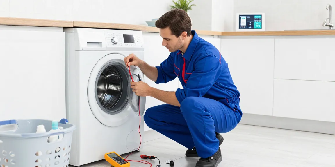 Washing machine repair technician diagnosing issues in a bright modern kitchen with tools and a tablet.