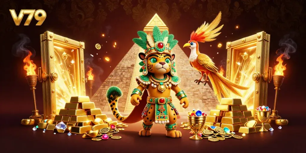 Experience V79's vibrant online casino world with a dynamic Mayan jaguar priest and treasures.