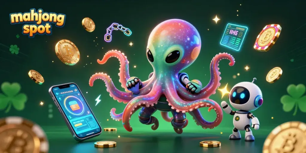 Engage with the mahjong slot revolution featuring an alien octopus at a holographic table amidst dynamic elements.