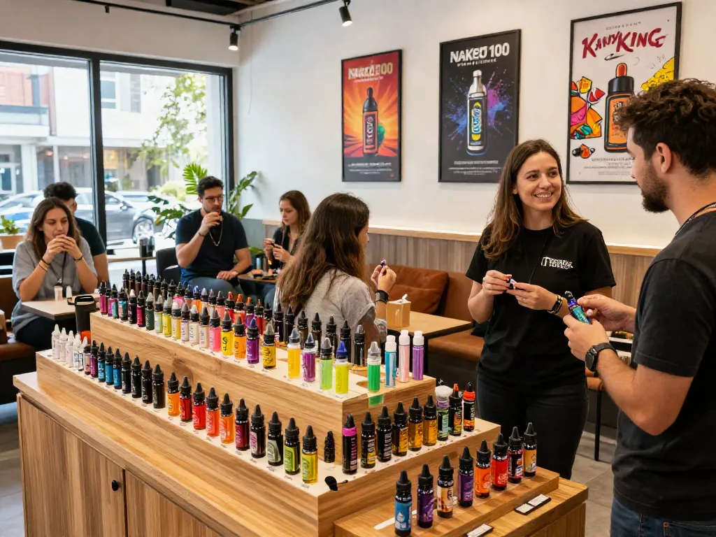 Explore a vibrant vape shop showcasing a variety of vape e liquid flavors.