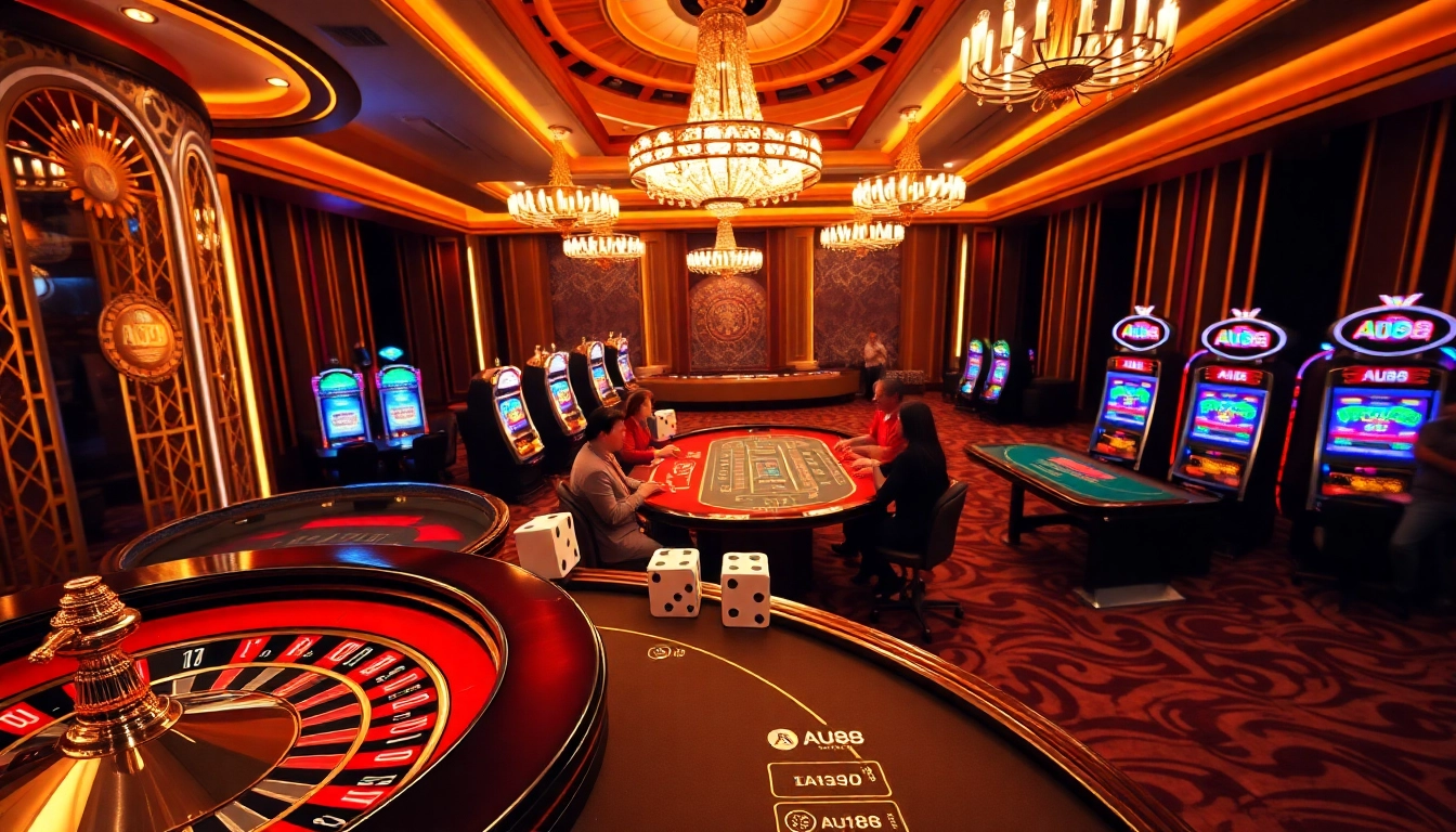 Experience the thrill of AU88 at a luxurious casino with vibrant gaming tables and energetic players.