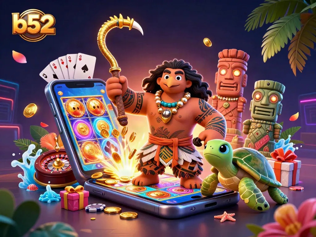 Experience slots innovation at b52 online casino with a dynamic illustration featuring vibrant gameplay.