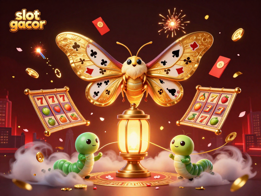 Experience spectacular slot gacor with a vibrant illustration showcasing golden-winged moths and dynamic game symbols.