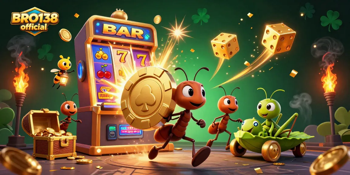 Engage in excitement with BRO138 official as ants heist golden poker chip amidst a vibrant casino scene.