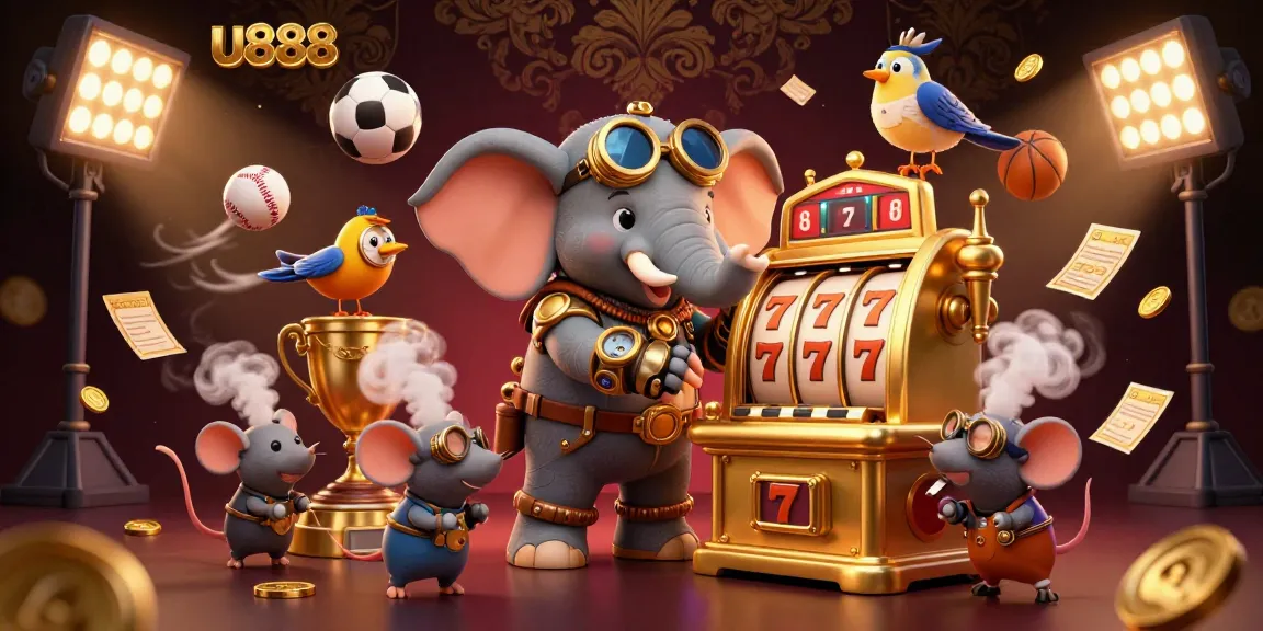 Engage in exciting slot action at u888 featuring a steampunk elephant with golden machine elements.