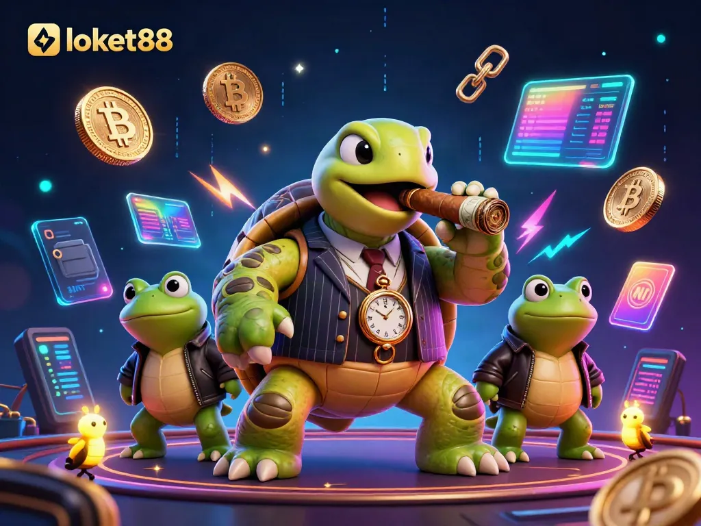 Experience excitement at loket88 with a vibrant scene of casino characters and cryptocurrency elements.