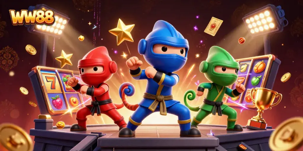 Engage with WW88 features as ninja chameleons perform on a dynamic casino rooftop scene.