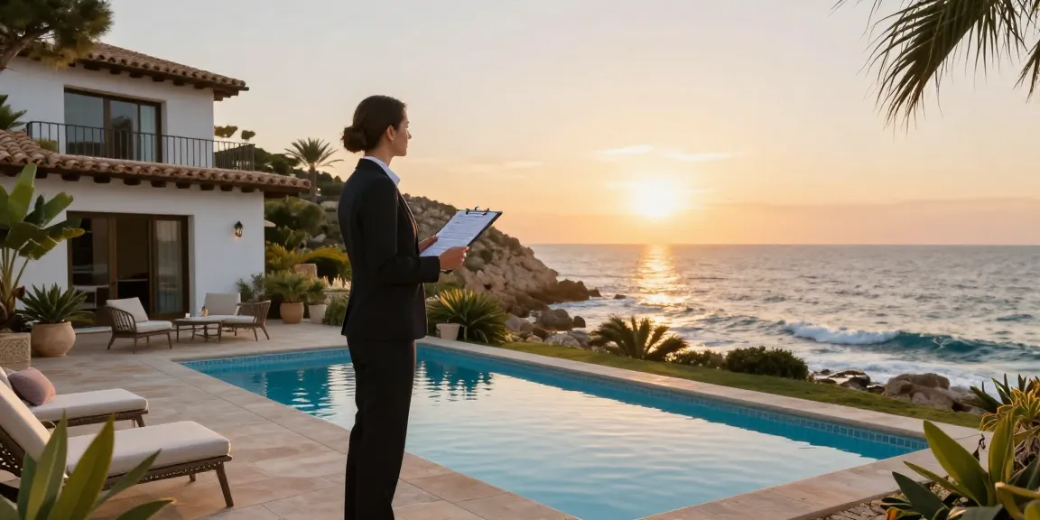 Property management Jávea professional inspecting luxury villa with gardens at sunset.