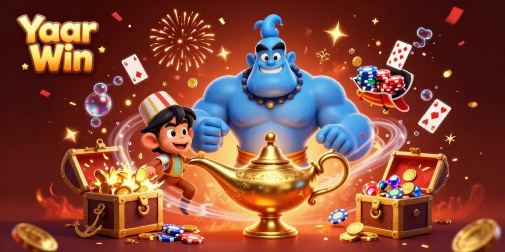 Engage in thrilling games with Yaar Win's vibrant 3D colorful illustration showcasing an energetic genie, monkey, and magic carpet.