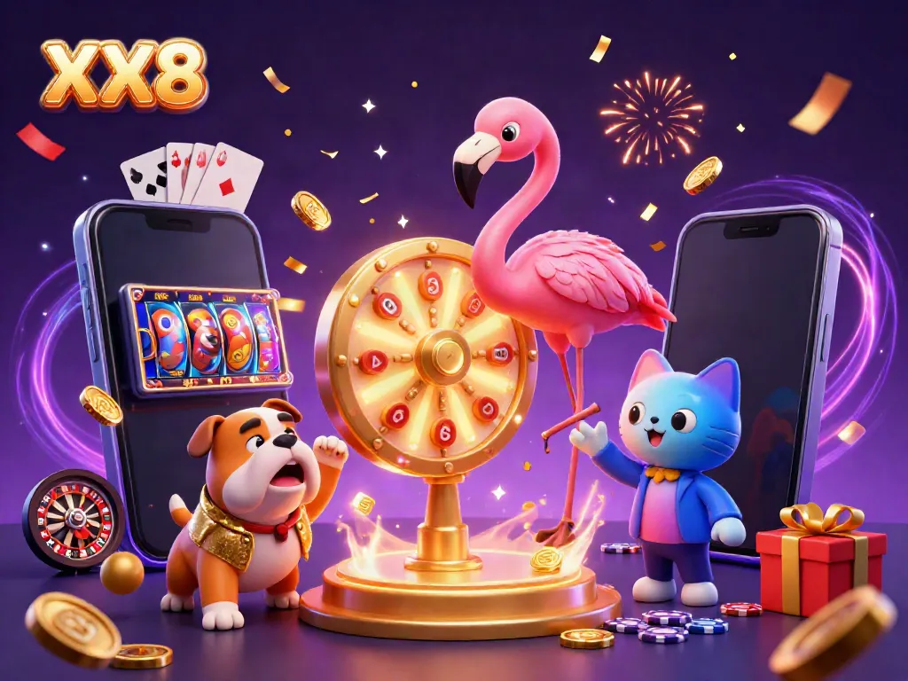 Play the exciting XX8 games with our vibrant game show scene featuring a colorful prize wheel and animated characters.
