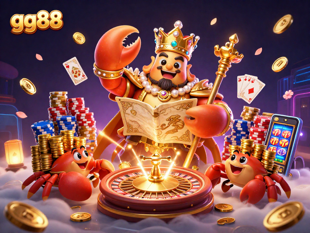 Win thrilling games at gg88 with a golden crab emperor amidst gambling icons and rich treasures.