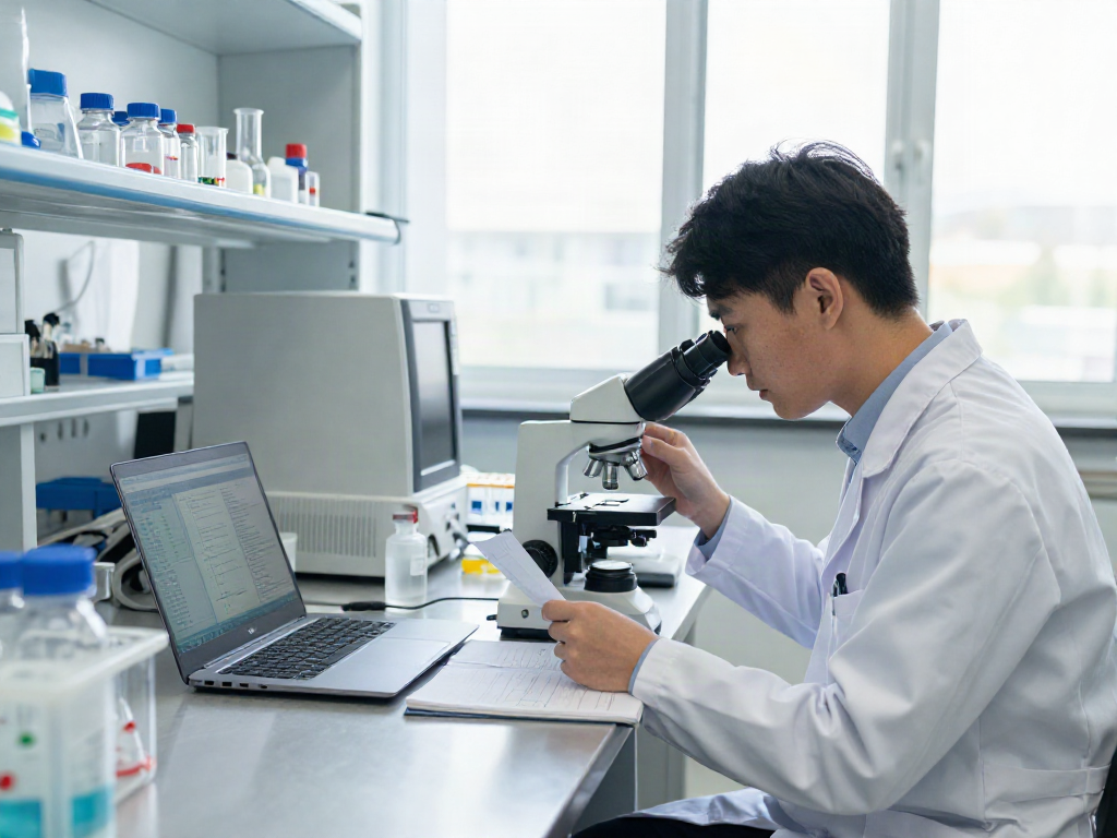 Researcher analyzing altera science peptides in a modern lab, highlighting precision and professionalism.