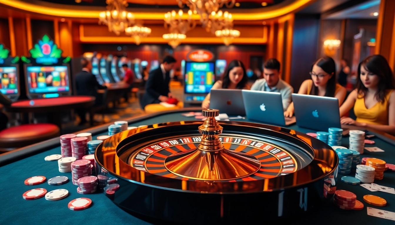 Vivez l'excitation d'un site de casino en ligne avec des jetons de poker vibrants et des roues de roulette.
