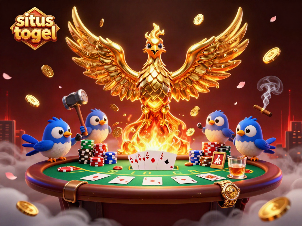 Experience excitement in situs togel with a golden phoenix and poker elements in this vibrant scene.