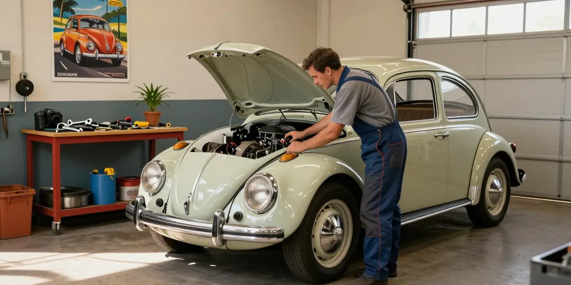 Classic Volkswagen air-cooled vehicle workshop scene at http://www.aircooledapps.com with mechanic inspecting engine, tools scattered, warm atmosphere.