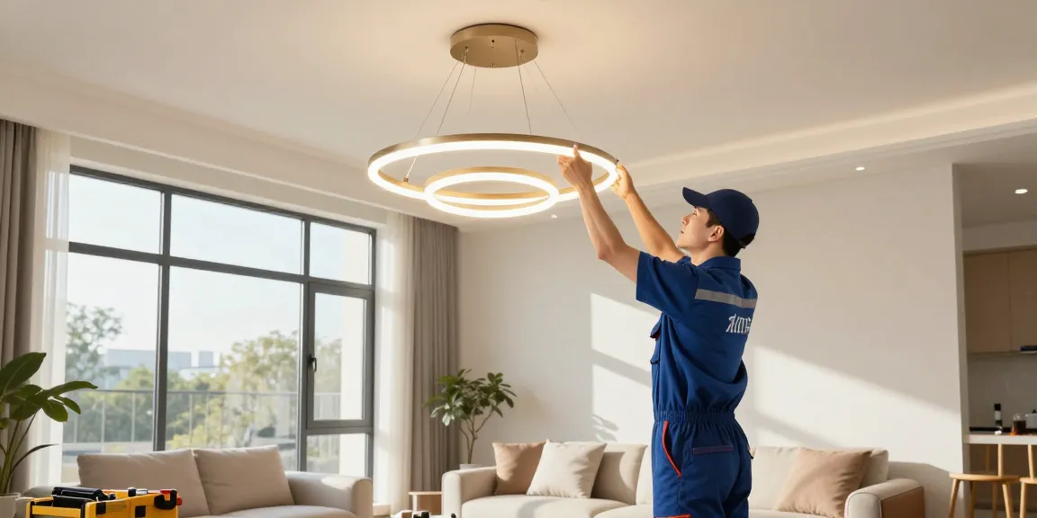 Instalare lustra LED de către un profesionist în uniformă, în interiorul unei case moderne.