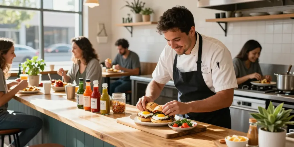 Experience the best breakfast Austin with NYC-inspired sandwiches and vibrant café atmosphere.