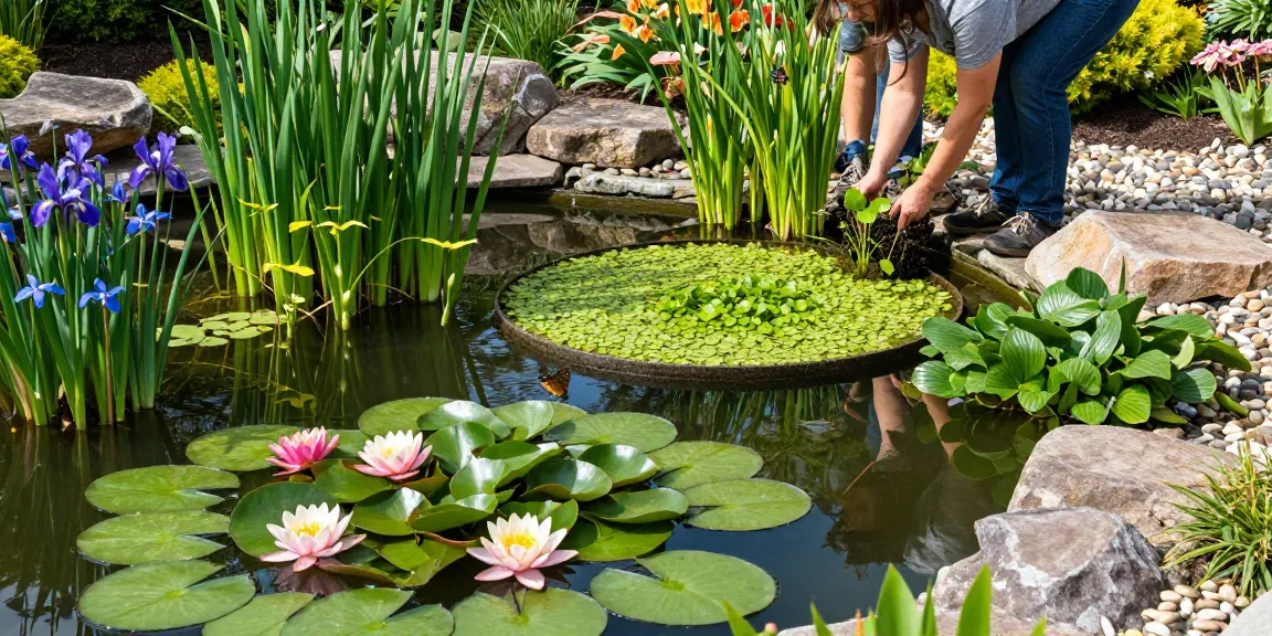 Vibrant British pond plants including water lilies and brooklime, with a couple planting new flora by a serene pond.