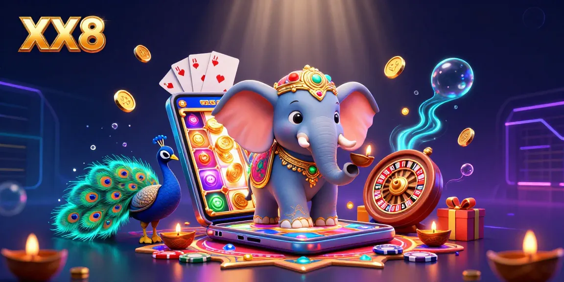 Experience the vibrant XX8 casino scene with a lively elephant amidst colorful slot games and sparkling coins.
