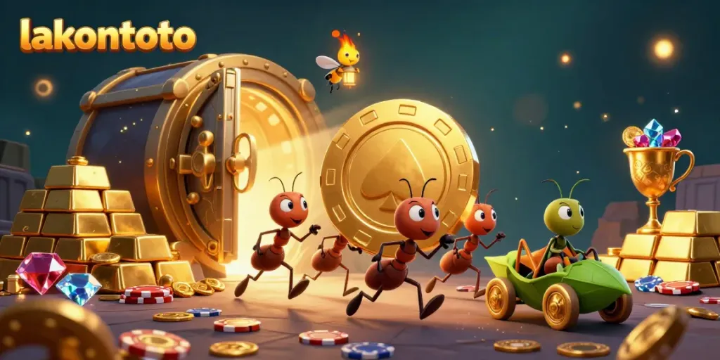 Semut membawa chip poker emas raksasa di dunia lakontoto, dikelilingi harta berkilau.