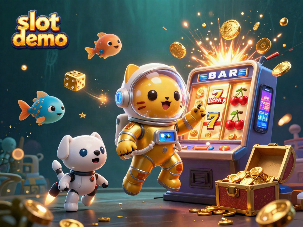 Engage with the slot demo featuring a space cat, robot dog, and vibrant casino elements!