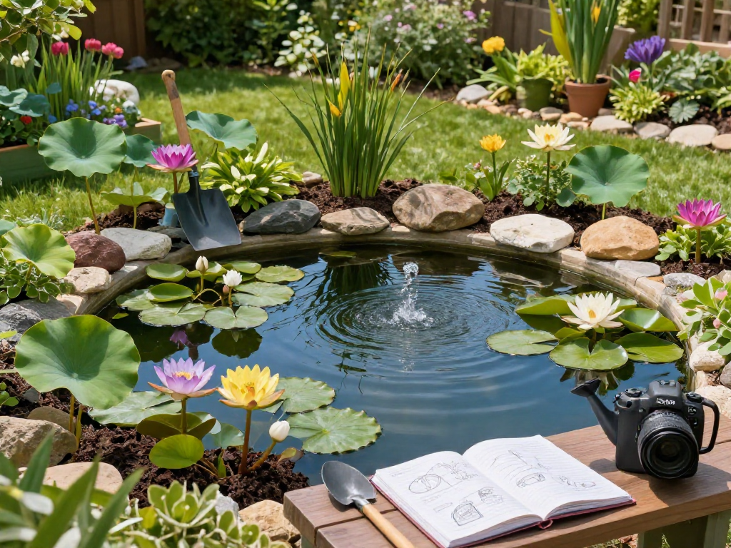 Pond Plants being planted in a vibrant backyard pond, surrounded by greenery and tools.