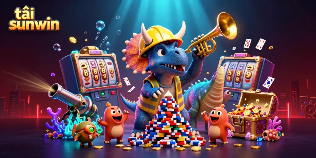 Catch the excitement of tải sunwin with a 3D cartoon scene featuring vibrant gambling elements and cheerful characters.
