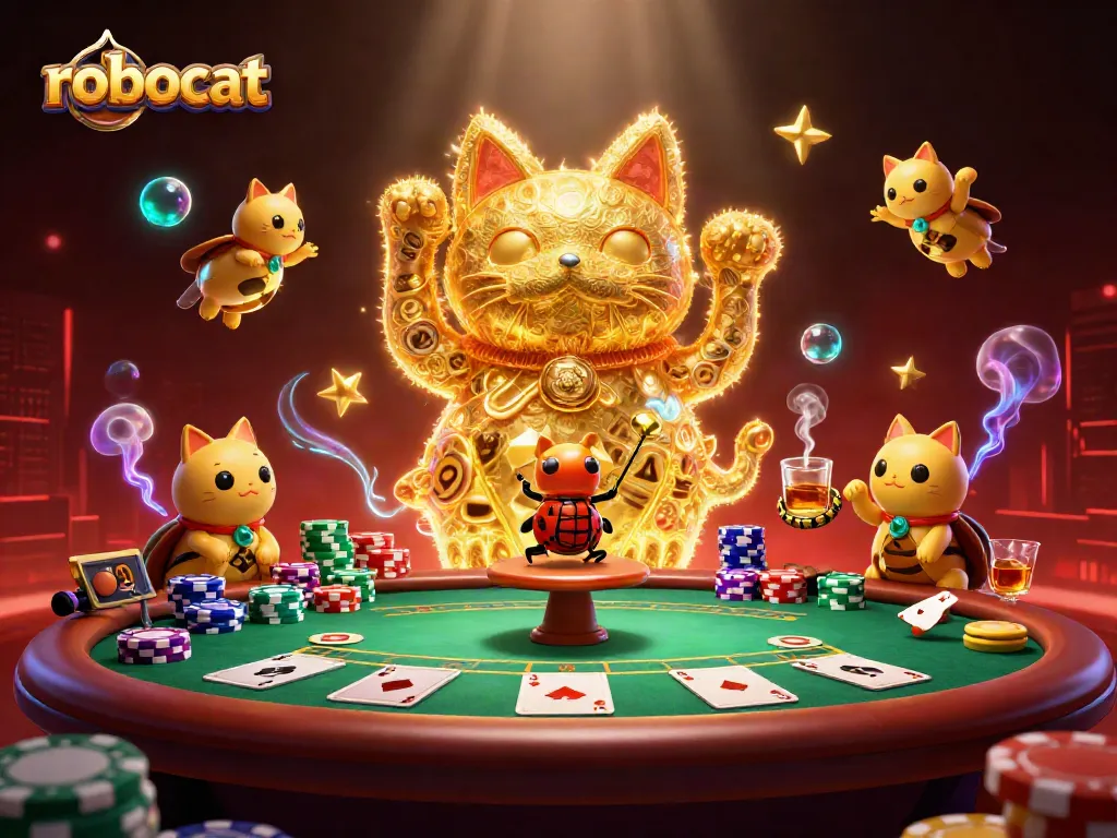 Engage with robocat as a vibrant lucky cat in a high-stakes poker scene filled with dynamic casino elements.
