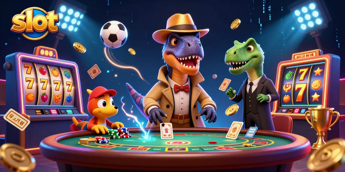 Exciting scene with slot gaming elements, featuring a velociraptor card counter and a stegosaurus pit boss