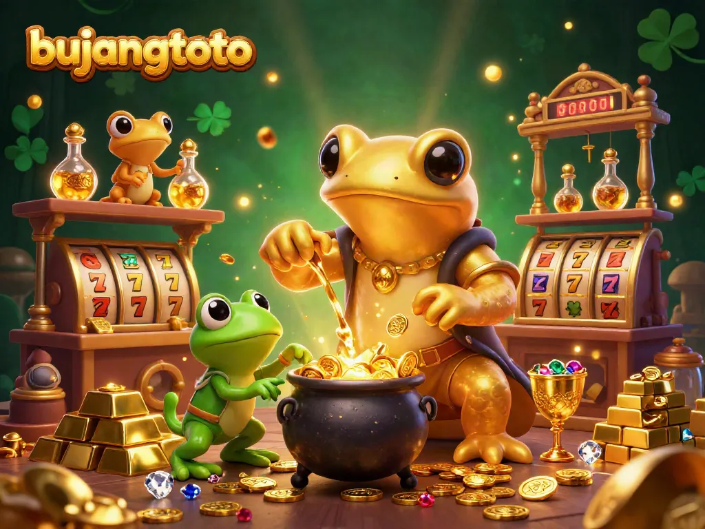 Experience the thrill of winning at BUJANGTOTO with a dynamic 3D casino scene featuring alchemy and riches.