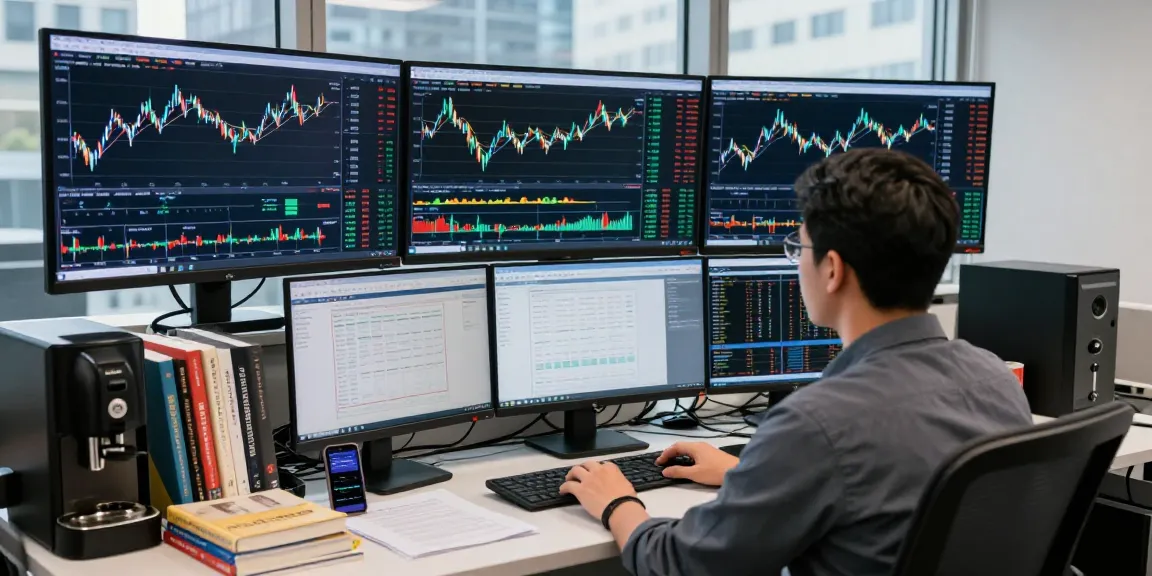 Trader using MetaTrader 5 on multiple screens in a modern office analyzing financial markets.