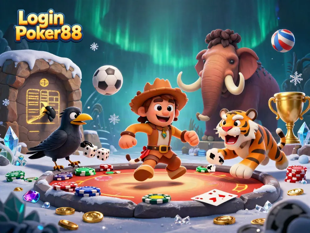 Experience intense gaming with Login Poker88 in a vibrant prehistoric casino scene.