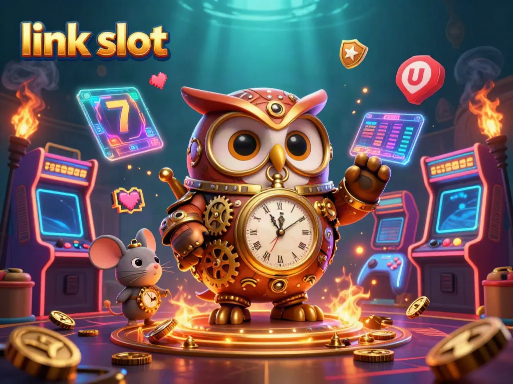 Experience the thrill of link slot with an animated 3D owl and vibrant casino elements.