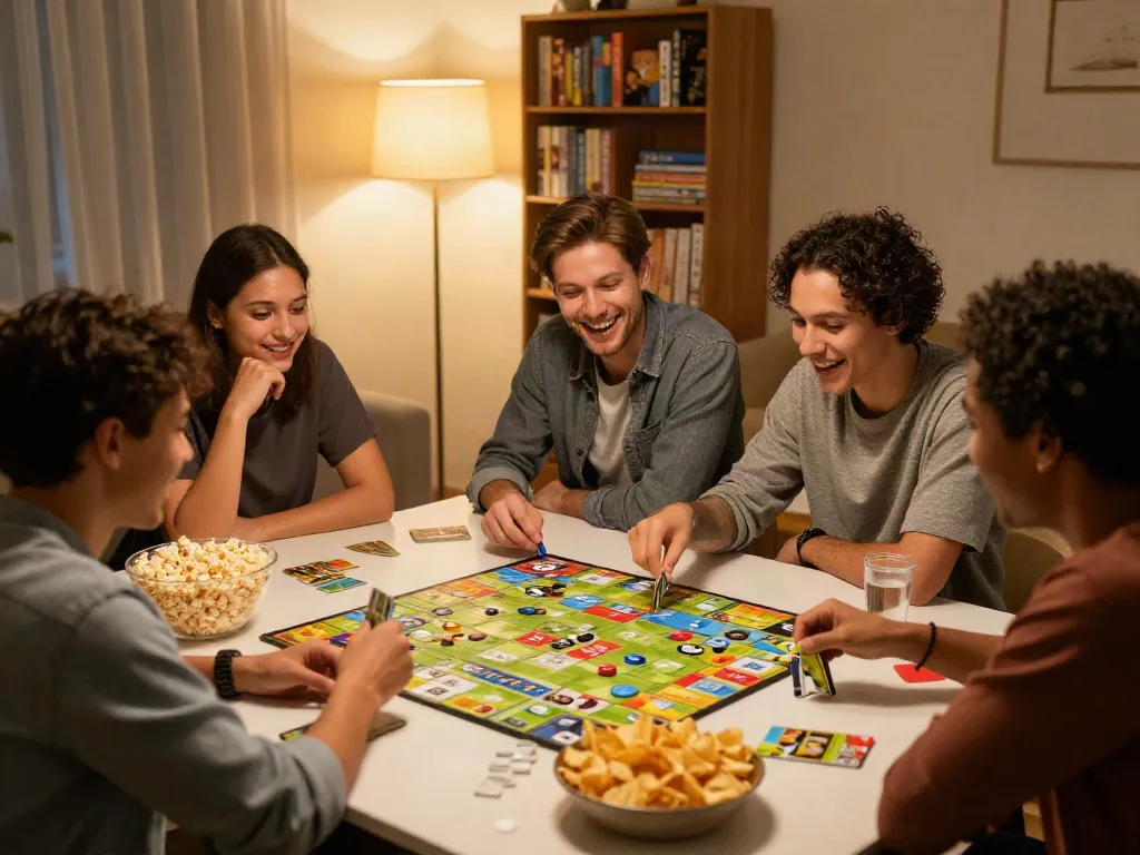 Group of friends enjoying a game night while playing board games in a cozy living room, highlighting social engagement and laughter.