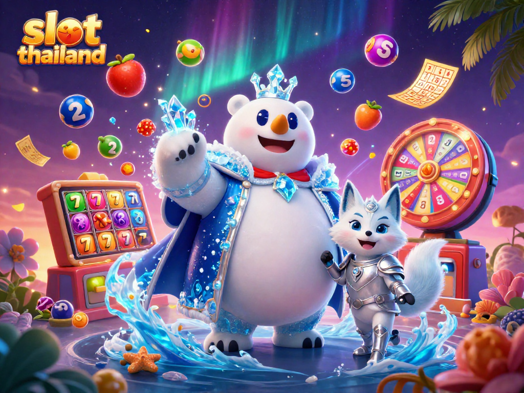 Engage with slot thailand as colorful lottery elements and iconic slot symbols like lucky 7s surround an ice king and snow fox.
