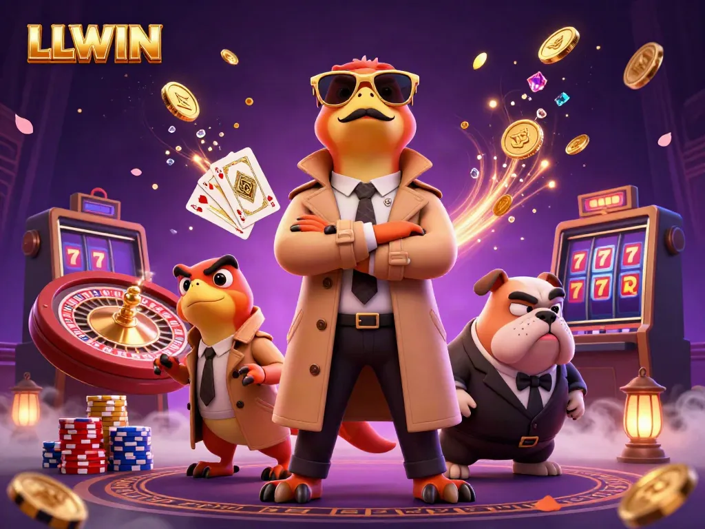 Experience the thrill of betting with LLWIN in a vivid casino scene featuring vibrant raptors disguised as a tall player.