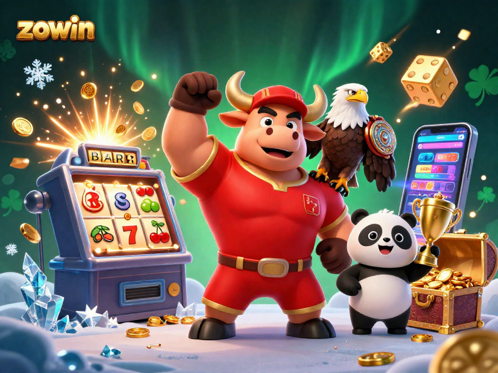 Engage with the thrilling zowin experience featuring a victorious bull mascot, eagle, and panda in a vibrant casino setting.