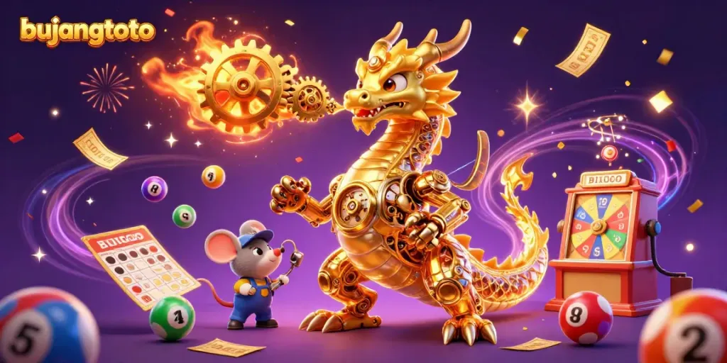 Bujangtoto themed illustration showcasing a biomechanical dragon and magical casino elements.
