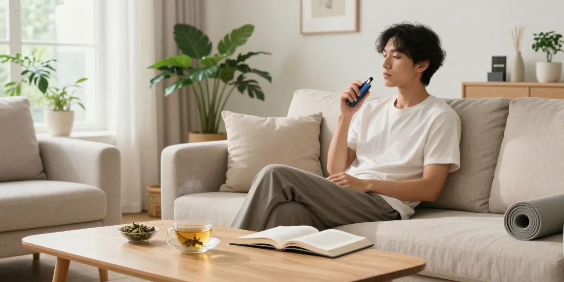 Packman vape device providing a natural wellness experience with organic hemp extract in a relaxing living room setting.